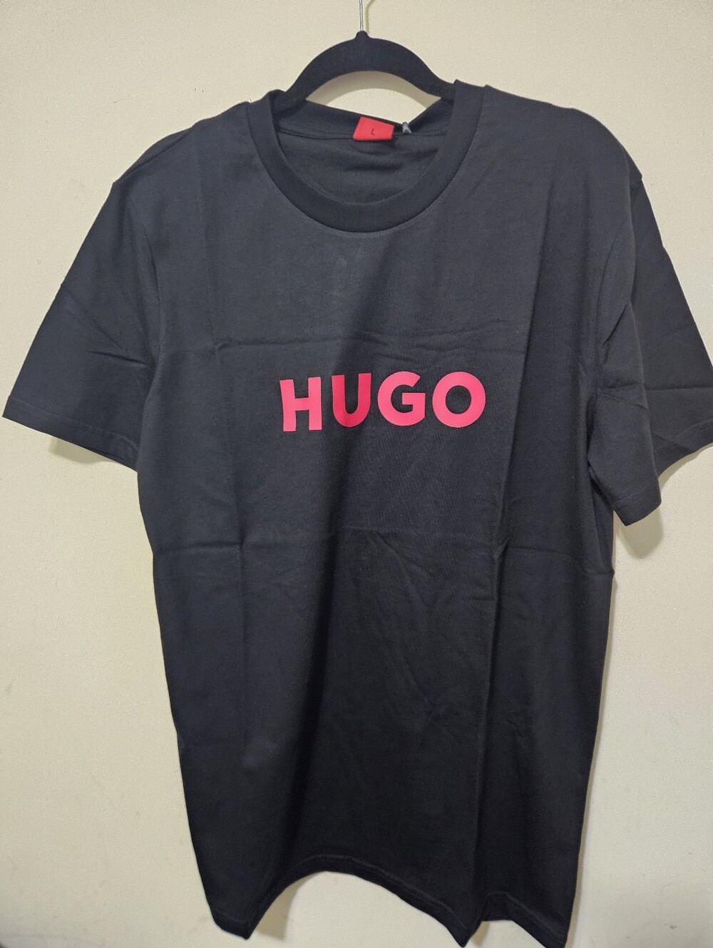 HUGO Black Tee with Bright Pink Logo